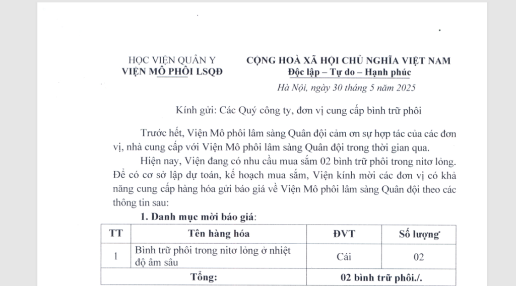Thư mời báo giá bình trữ phôi