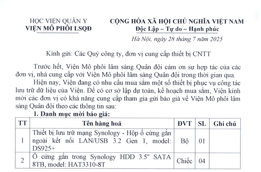 Thư mời báo giá TBLT